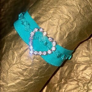Turquoise Ruffle Heart Rhinestone Charm Hair Tie Ponytail Holder Bracelet